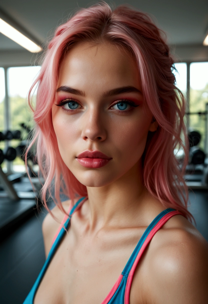 young and Beautiful, 18 anos de origem americana, She's working out at a gym, the young girl is standing, todo som, bebendo um suco detox em um copo luxuoso, cabelo rosa longo e molhado, cara rosa, olhos azuis, face clara, elegante, very Beautiful, cores profundas, altamente detalhado, altamente realista, Pele rosa, Beautiful, thick, shiny pink lips, Feeling of lightness and joy, hiper-realismo, pele muito elaborada, skin imperfections, boca fechada, She wears a pink fashion gym icon outfit. very Beautiful and shiny pink hair