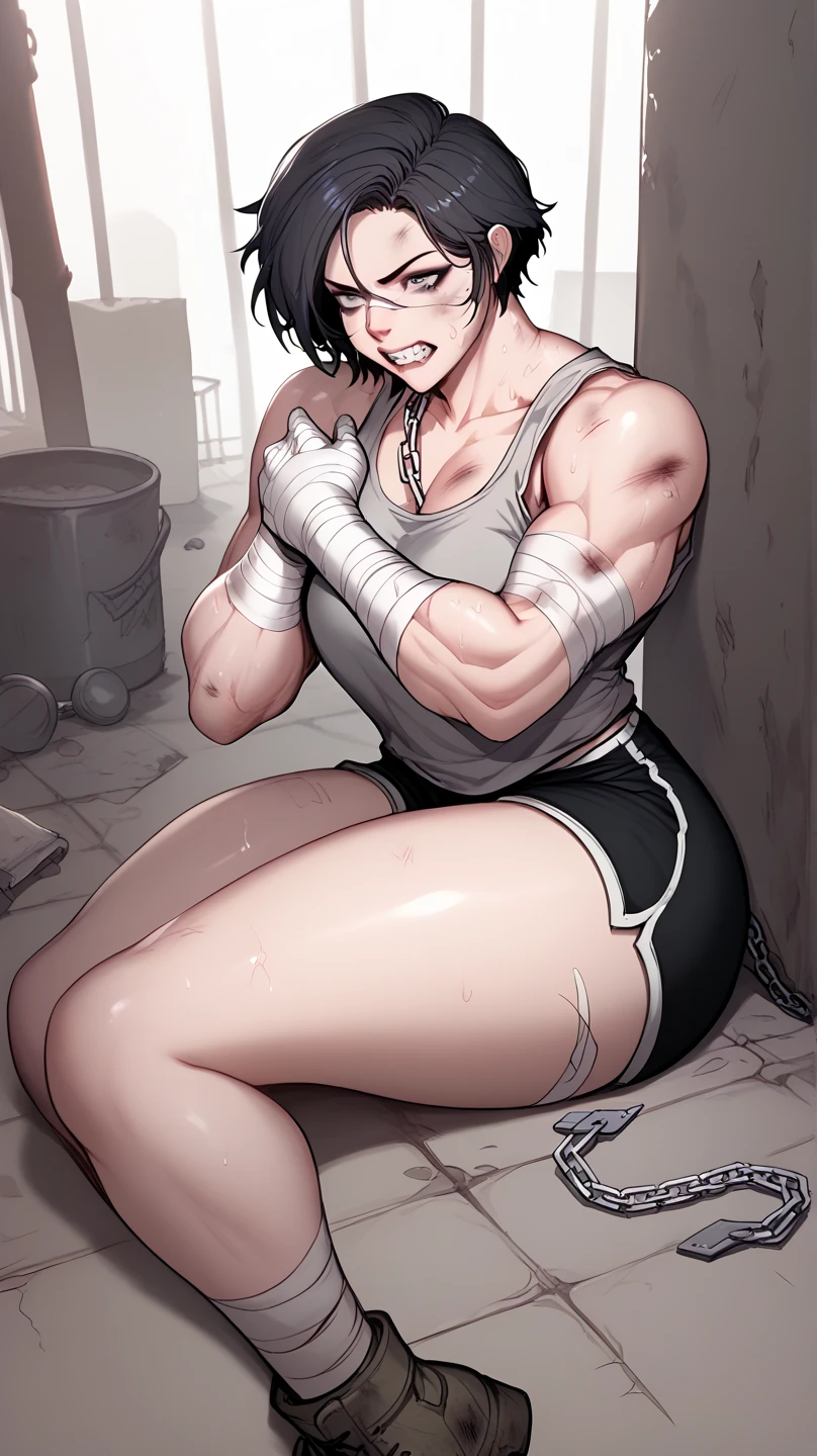 A mad woman with black short hair and huge muscular body, arms and legs, wearing a white dirty tank top and black dirty shorts, bandages on arms, chains on wrists, bruises, sitting on the ground inside the dirty jail, grits teeth, 


