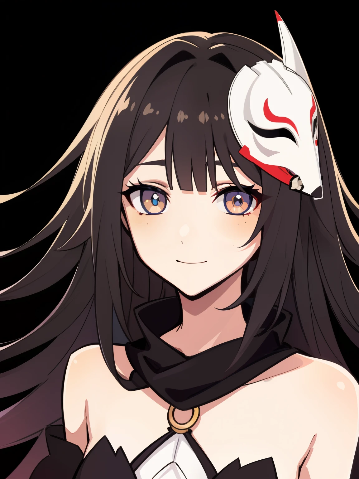 (high-quality, breathtaking),(expressive eyes, perfect face) 1girl, female, solo, adult age, Symmetrical Eyes, simple grey gradient background, long hair, shag hair, portrait, looking at viewer, black cape, scarf, white bone armor, detached collar, hollow mask, espada, golden yellow eye color, hollowfication, ichigo hollow mask inspiration, fox mask, black hair color

