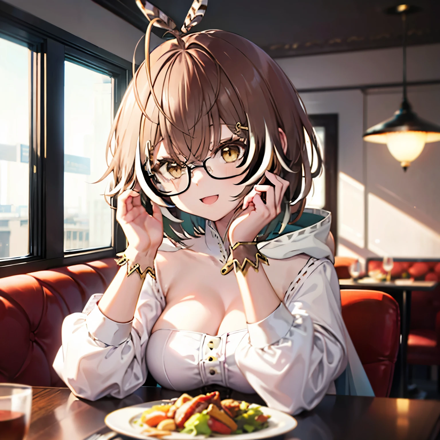 Nanashi Mumei in an elegant restaurant, large coat, wide smile, fearhers on head, glasses, short hair