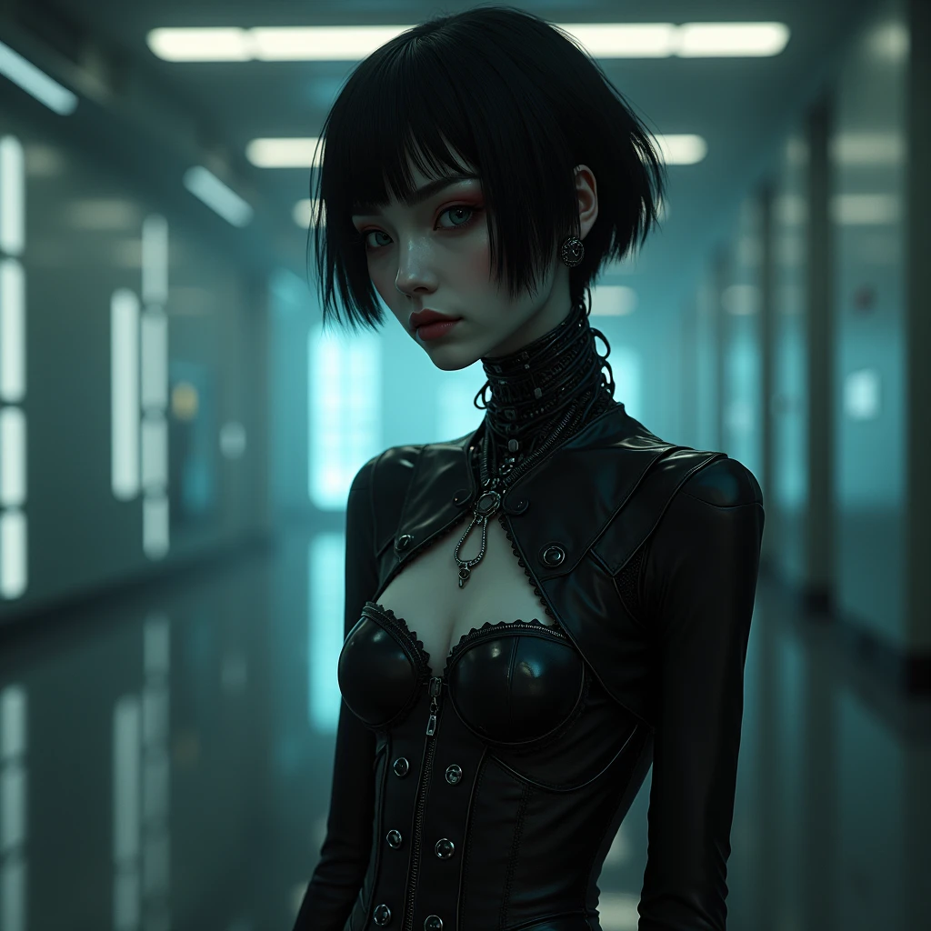 Cyberpunk woman posing for a photoshoot, bizarre fashion, sexy outfit, seen from behind, punk fashion, thong leotard, bodysuit, sensual pose, cyberpunk style, showing her booty.