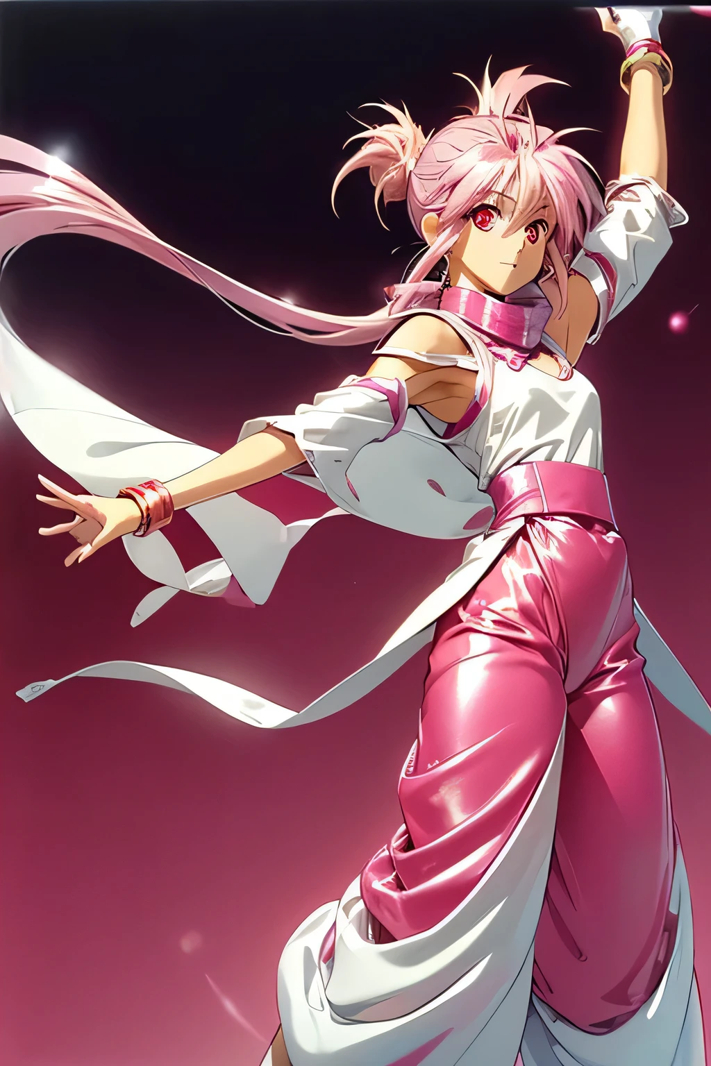  top quality, highest resolution,(((metallic white clothes 　 shiny pink loose pants　shiny pink hair　 red eyes　 ponytail)))　 Tales of Phantasia　Arche 