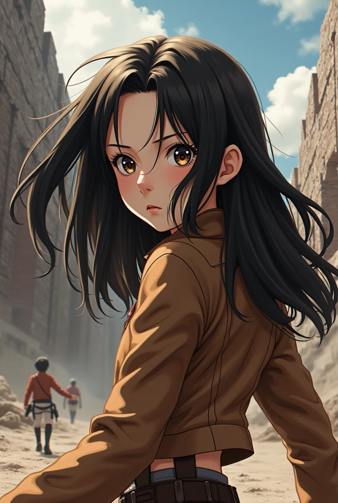 Attack on Titan 

A white character with very dark brown hair , In manga style. The hair is long and the face is a bit round and with a delicate outline 