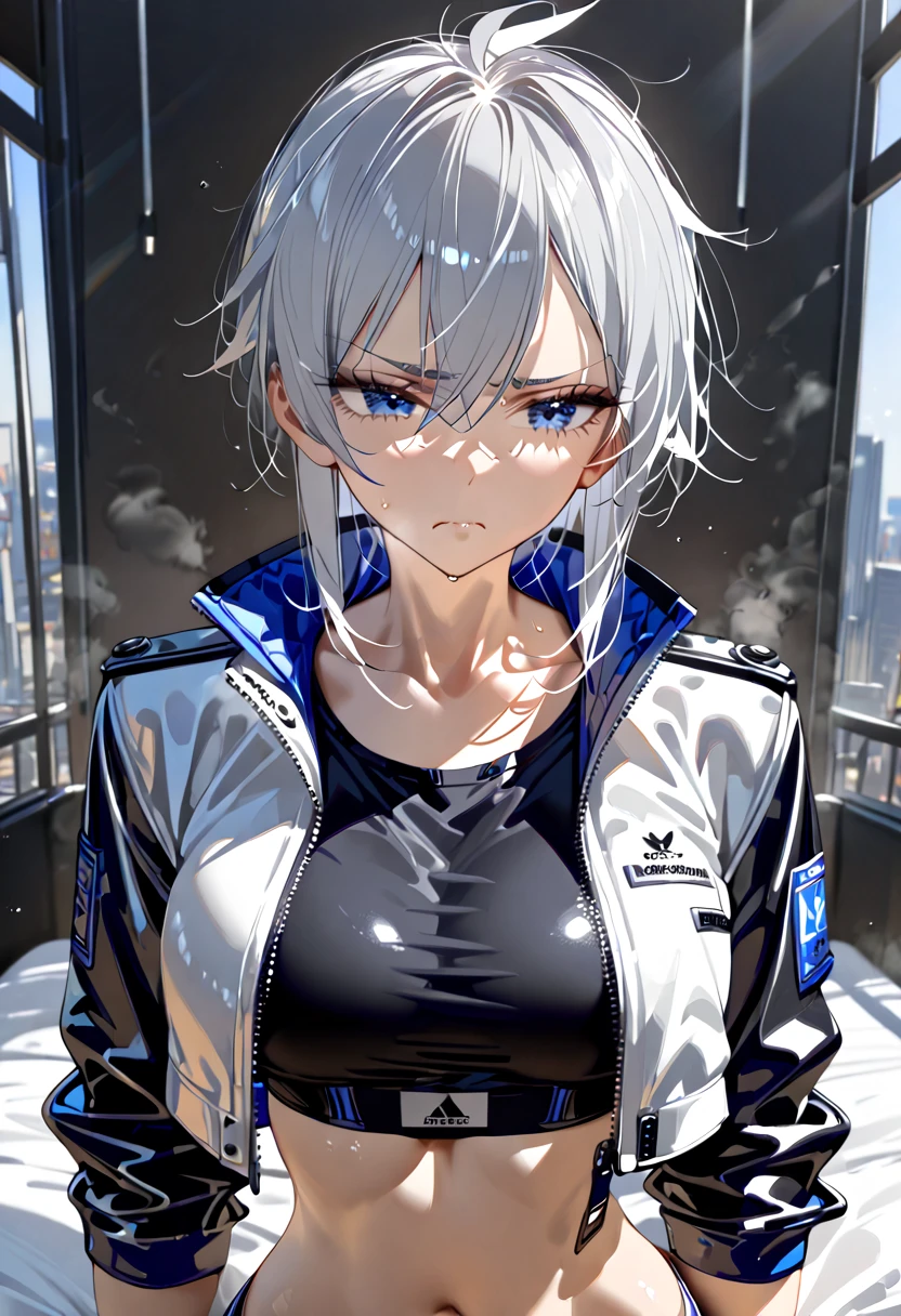 masterpiece,1girl,solo, silver hair, girl, (tomboy 2.0), upset, croptop, black crop jacket, perfect anatomy, stunning, mature, seductive, from bellow, blue eyes