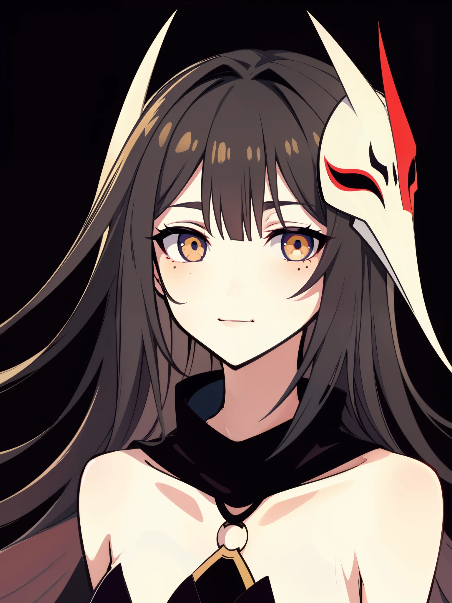 (high-quality, breathtaking),(expressive eyes, perfect face) 1girl, female, solo, adult age, Symmetrical Eyes, simple grey gradient background, long hair, shag hair, portrait, looking at viewer, black cape, scarf, white bone armor, detached collar, hollow mask, espada, golden yellow eye color, hollowfication, ichigo hollow mask inspiration, fox mask, black hair color, 