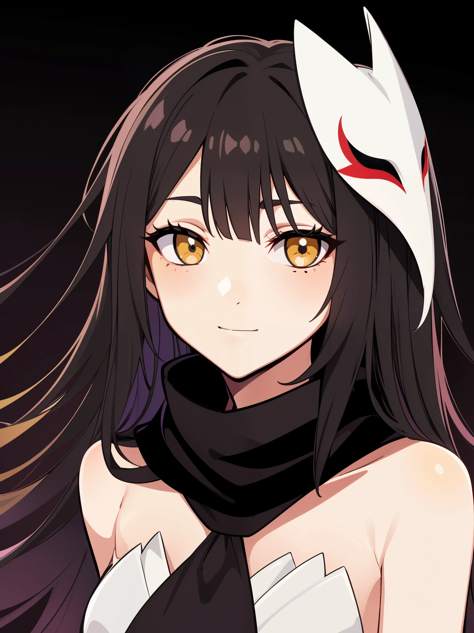 (high-quality, breathtaking),(expressive eyes, perfect face) 1girl, female, solo, adult age, Symmetrical Eyes, simple grey gradient background, long hair, shag hair, portrait, looking at viewer, black cape, scarf, white bone armor, detached collar, hollow mask, espada, golden yellow eye color, hollowfication, ichigo hollow mask inspiration, fox mask, black hair color, bmb-fc

