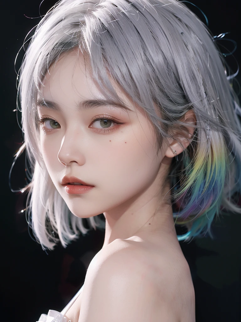 very cool,1girl,gradient hair,multicolored hair,rainbow gradient,solo,looking at viewer,upper body,(white hair:1.3),dress,black background,green eyes,short hair,realistic,bare shoulders,breasts,simple background,closed mouth,lips,from side,bangs,small breasts,, best quality , masterpiece, illustration, an extremely delicate and beautiful, extremely detailed ,CG,unity,8k wallpaper, Amazing, finely detail, masterpiece, best quality,official art,extremely detailed CG unity 8k wallpaper,absurdres, incredibly absurdres, huge filesize , ultra-detailed, highres, extremely detailed,beautiful detailed girl, extremely detailed eyes and face, beautiful detailed eyes,light on face,