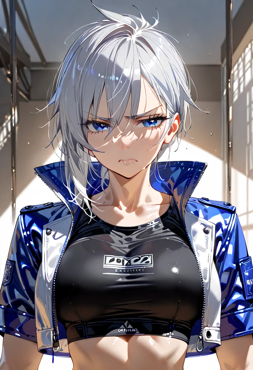 masterpiece,1girl,solo, silver hair, girl, (tomboy 2.0), upset, croptop, crop jacket, perfect anatomy, stunning, mature, seductive, from bellow, blue eyes, fantasy 2.0