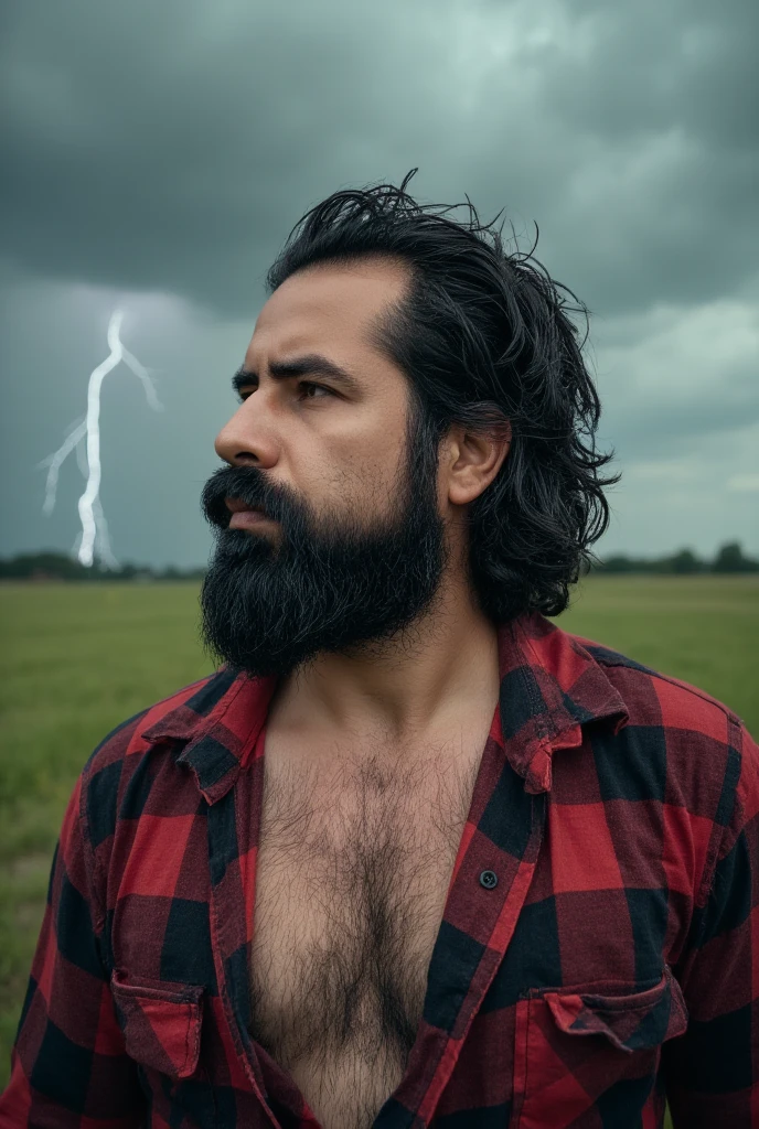 
" Portrait of an adult man with well-groomed dark beard and long, loose hair ,  fluttering violently due to hurricane winds .  with an athletic and muscular build ,  wears a red and black checkered shirt with the first buttons open ,  revealing part of his chest and body hair .  The scene takes place in an open field during a thunderstorm with dark skies and dense clouds.  Lightning illuminates the sky dramatically ,  while the Winds shake the grass and the man's shirt ,  that adhere slightly to his torso due to the torrential rain .  Drops of water and tufts of wet hair are visible , adding dynamism to the image.  The man has a defiant and firm expression , looking into the distance with determination .  hyperrealistic style ,  with precise details in the texture of the wet hair , Skin,  the fabric of the shirt and the effects of wind and storm ."

