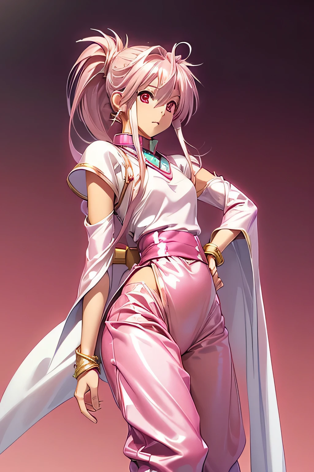  top quality, highest resolution,(((metallic white clothes 　pink loose-fitting pants with metallic luster　shiny pink hair　 red eyes　 ponytail)))　 Tales of Phantasia　Arche 