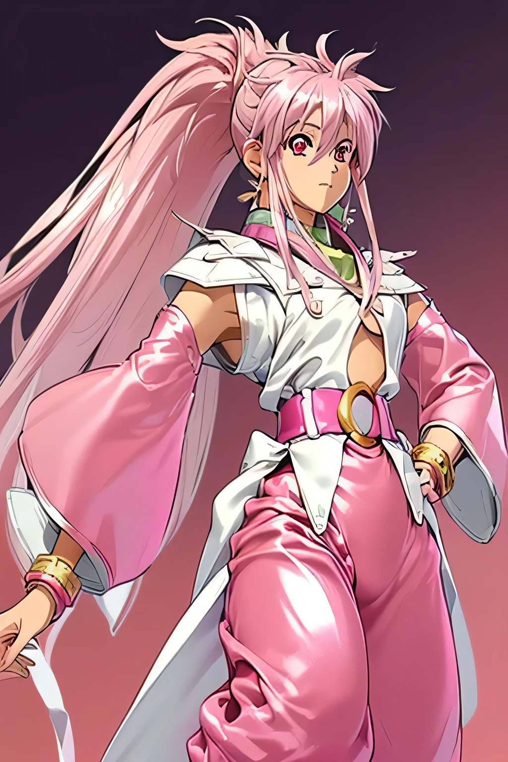  top quality, highest resolution,(((metallic white clothes 　pink loose-fitting pants with metallic luster　shiny pink hair　 red eyes　 ponytail)))　 Tales of Phantasia　Arche 