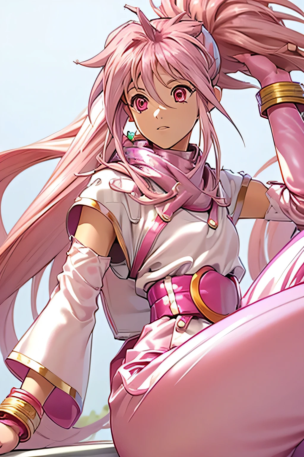  top quality, highest resolution,(((metallic white clothes 　pink loose-fitting pants with metallic luster　shiny pink hair　 red eyes　 ponytail)))　 Tales of Phantasia　Arche 