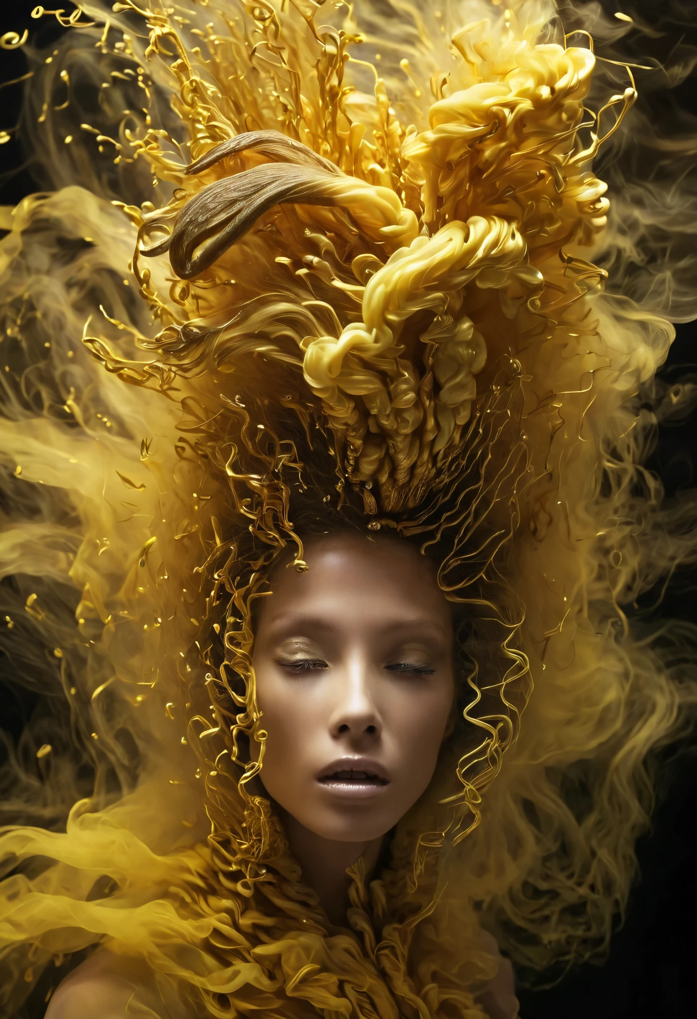 Une créature humanoïde terrifiante au visage sinistre et inhumain, ses cheveux sont faits de longues mèches dorées et brillantes, flottant comme s'ils étaient animés par une énergie surnaturelle. Ses bras sont déformés en pattes de poulet, avec des serres acérées et crochues, semblant prêtes à lacérer et une queue de serpent lui servant de jambes