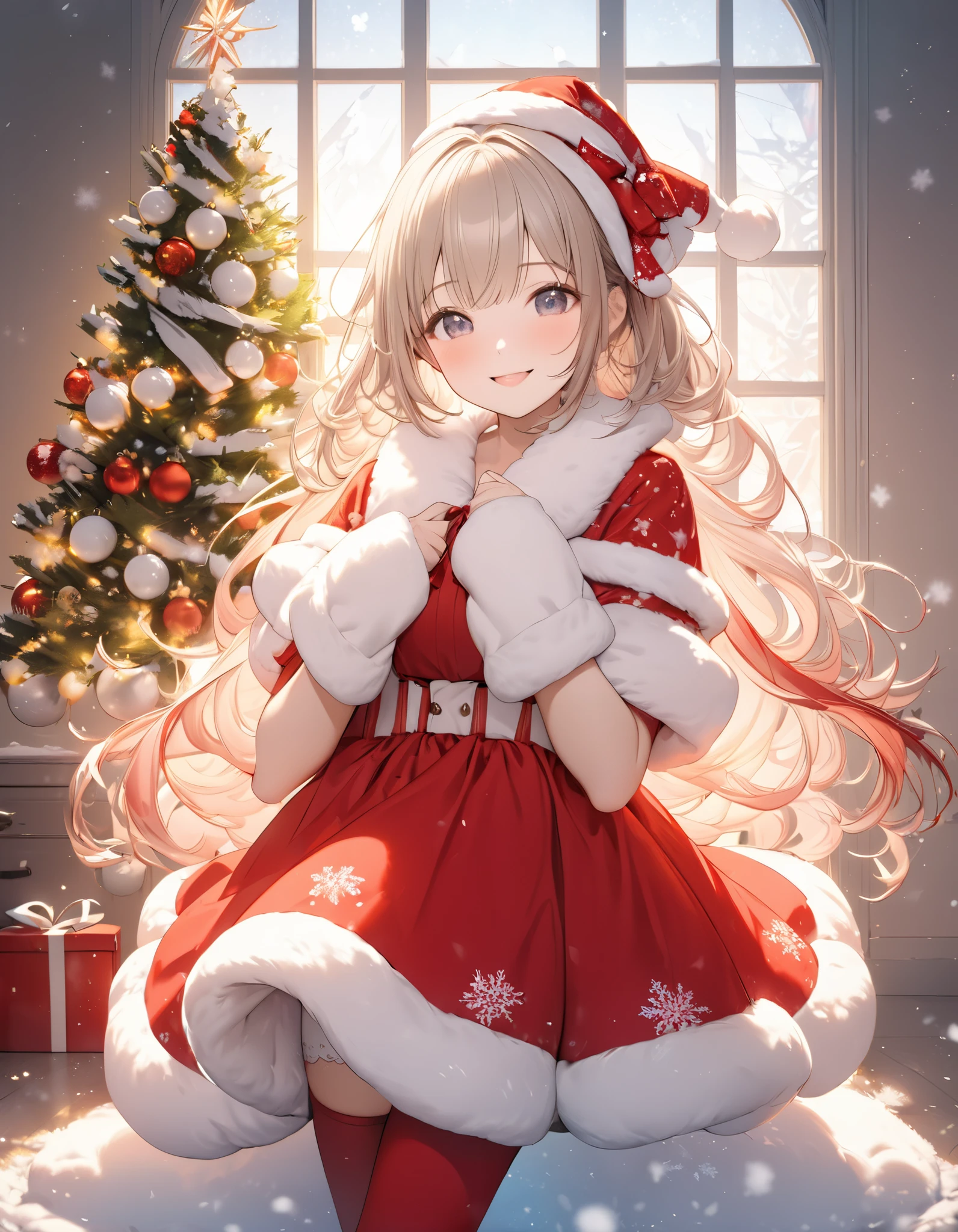 The theme is windows, Perfect human body, Christmas Eve, (((She is wearing a Santa Claus costume with lots of decorations. Short skirt style Santa outfit))), ssmile, Long gray hair, Beutiful women, hair adornments, Sparkling, upper legs, cloud, large hat, Lamp light,