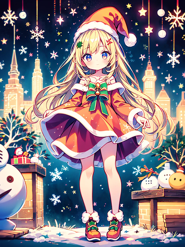 1girl,Chibi、cute、The white and red Santa Claus coat 、 snowman、 Snowflakes 、 fantasy、 absurd、 neon lights enhance the cuteness、世界一cute絵、 Christmas Lights、