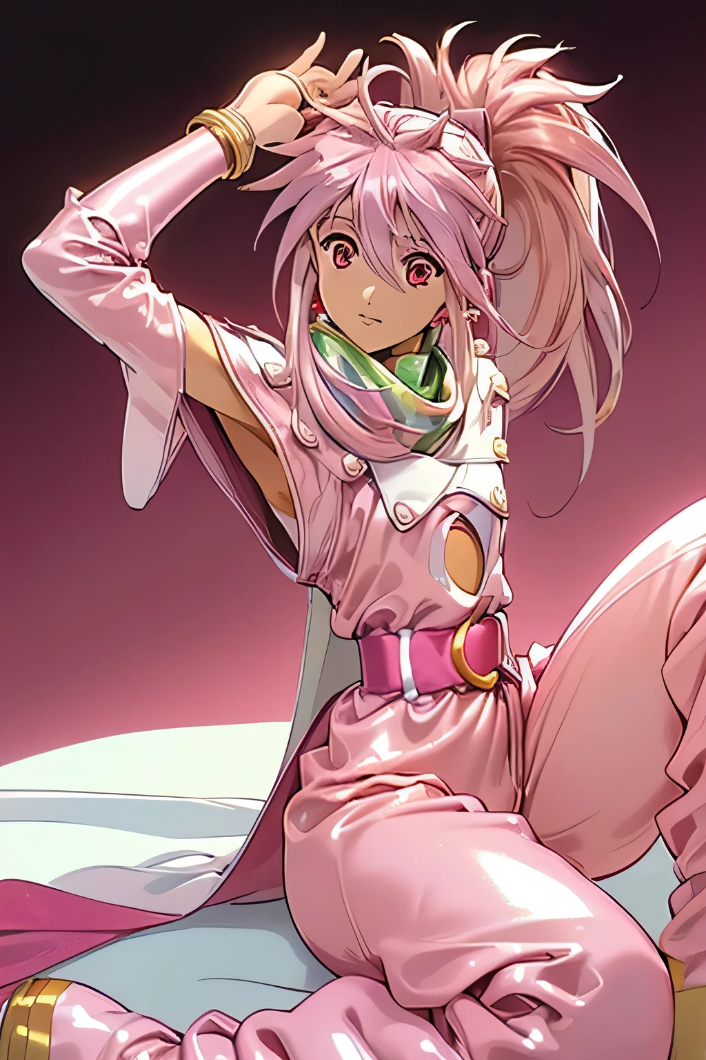  top quality, highest resolution,(((metallic white clothes 　pink loose-fitting pants with metallic luster　shiny pink hair　 red eyes　 ponytail)))　 Tales of Phantasia　Arche 