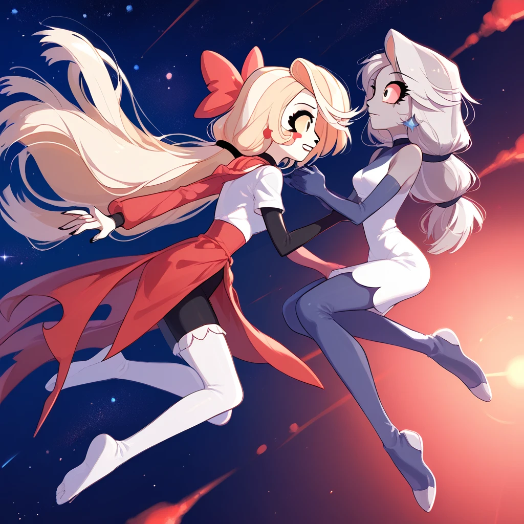 Charlie and Vaggie, space background, reaching touching hands, floating on space, Chastronaut suit, beautiful, 2 girls, wallpaper, HD, best quality, 8k, looking at each other, side view, full body, flying, Charlie is on the left and is flying up. Vaggie is on the right and is flying down