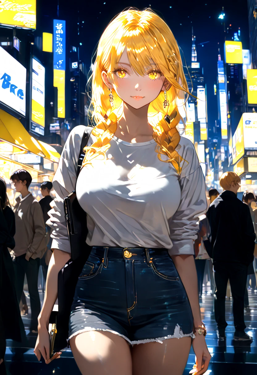 (masterpiece, 2k resolution, perfect eye, perfect face, 1girl), yellow hair, sidetail hairstyle, bangs, golden shining eyes, gigantic breasts, slender, long legs, casual clothes, cleavage, holding phone, (staring at her phone), detailed face, detailed background, shiny, flat expression, full body, night time, crowded city, crowd behind, 