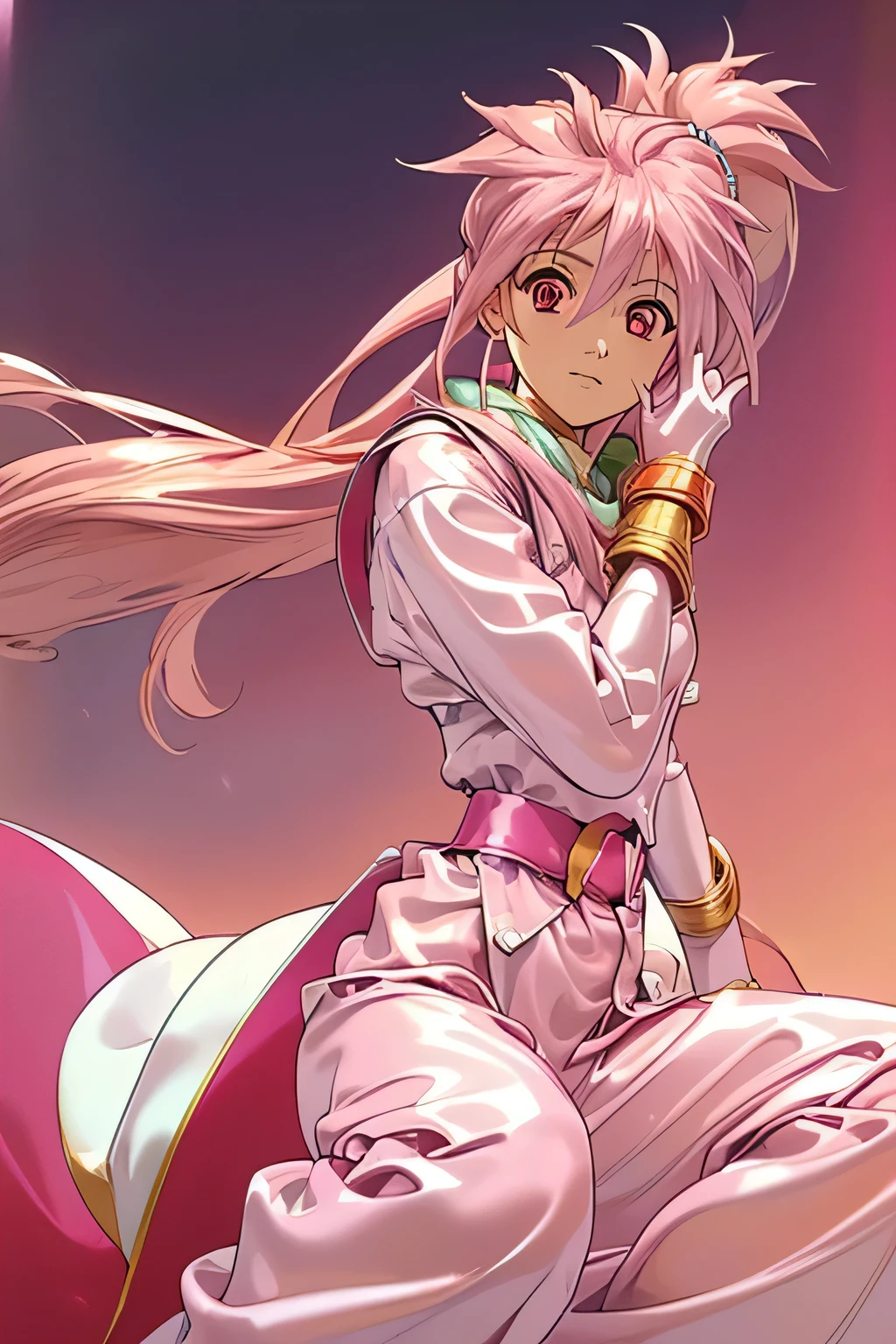  top quality, highest resolution,(((metallic white clothes 　pink loose-fitting pants with metallic luster　shiny pink hair　 red eyes　 ponytail)))　 Tales of Phantasia　Arche 　broom