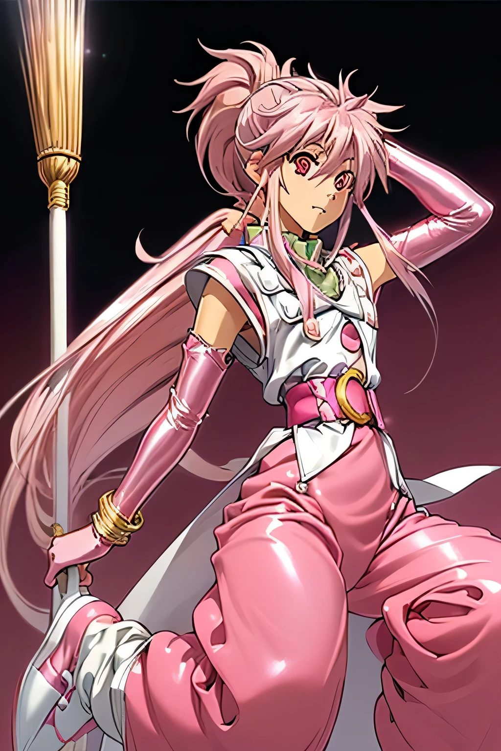  top quality, highest resolution,(((metallic white clothes 　pink loose-fitting pants with metallic luster　shiny pink hair　 red eyes　 ponytail)))　 Tales of Phantasia　Arche 　broom