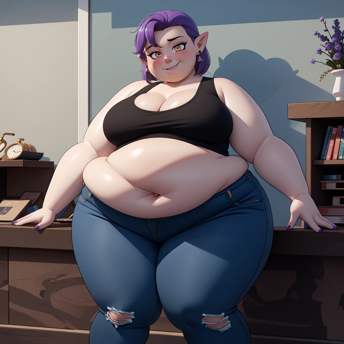 (masterpice, best quality), AmityBlight (obese figure:1.5), short height, young, makeup, black earrings, yellow eyes, short hair, (purple hair:1.4), pointed ears, (((tank top))), small breasts, (((cleavage))),amulet, (((tight jeans))) , standing, looking at viewer, seductive smile, naughty face, nose blush,(clothes that fit your big, fat body size).