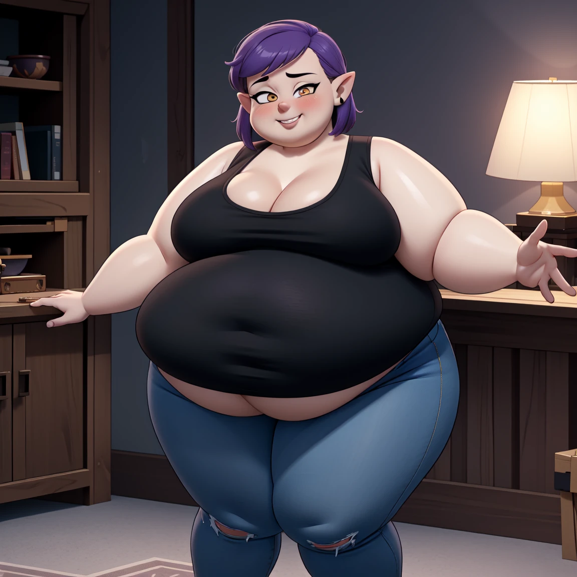 (masterpice, best quality), AmityBlight (obese figure:1.5), short height, young, makeup, black earrings, yellow eyes, short hair, (purple hair:1.4), pointed ears, (((tank top))), small breasts, (((cleavage))),amulet, (((tight jeans))) , standing, looking at viewer, seductive smile, naughty face, nose blush,(clothes that fit your big, fat body size).