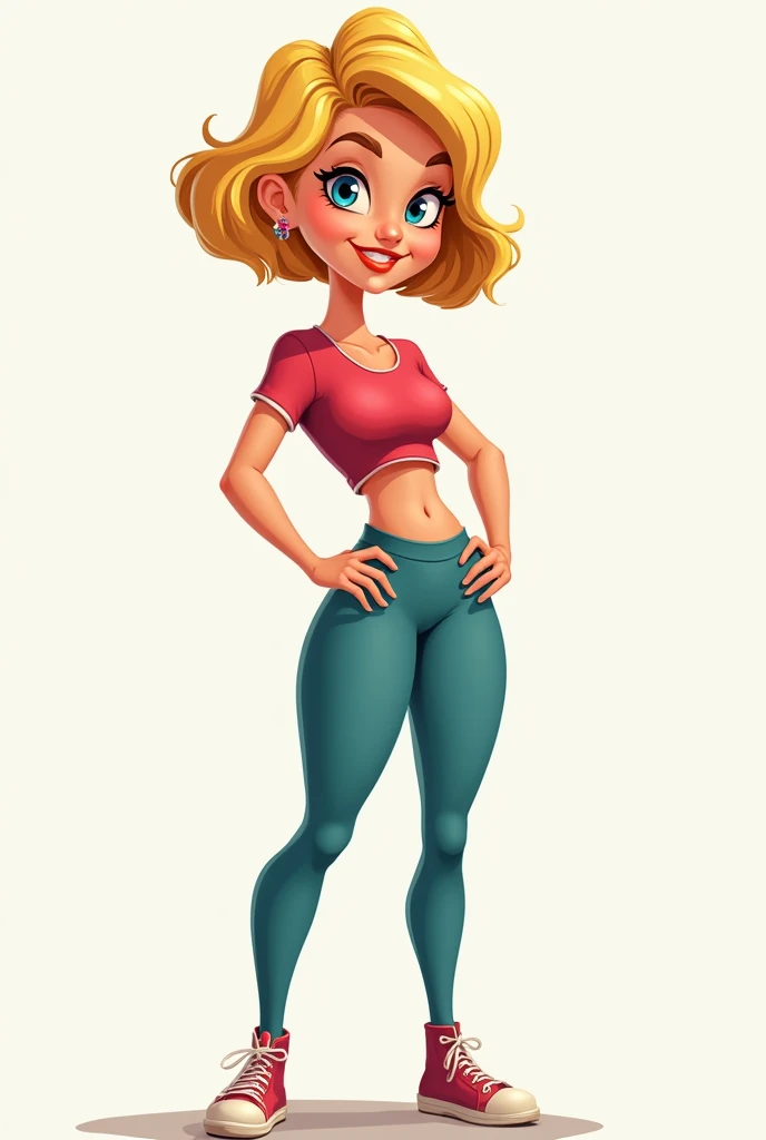 a girl, blonde hair, light blue eyes, curvy figure, smile, red lips, orange yoga pants, light blue sleeveless shirt, standing, navel, large bust, sneakers, simple background, white background, front view, wide shot, 16k, 8k, 4K, HD, 1080P, best quality, highres, high quality, high details, anatomically correct, super detail