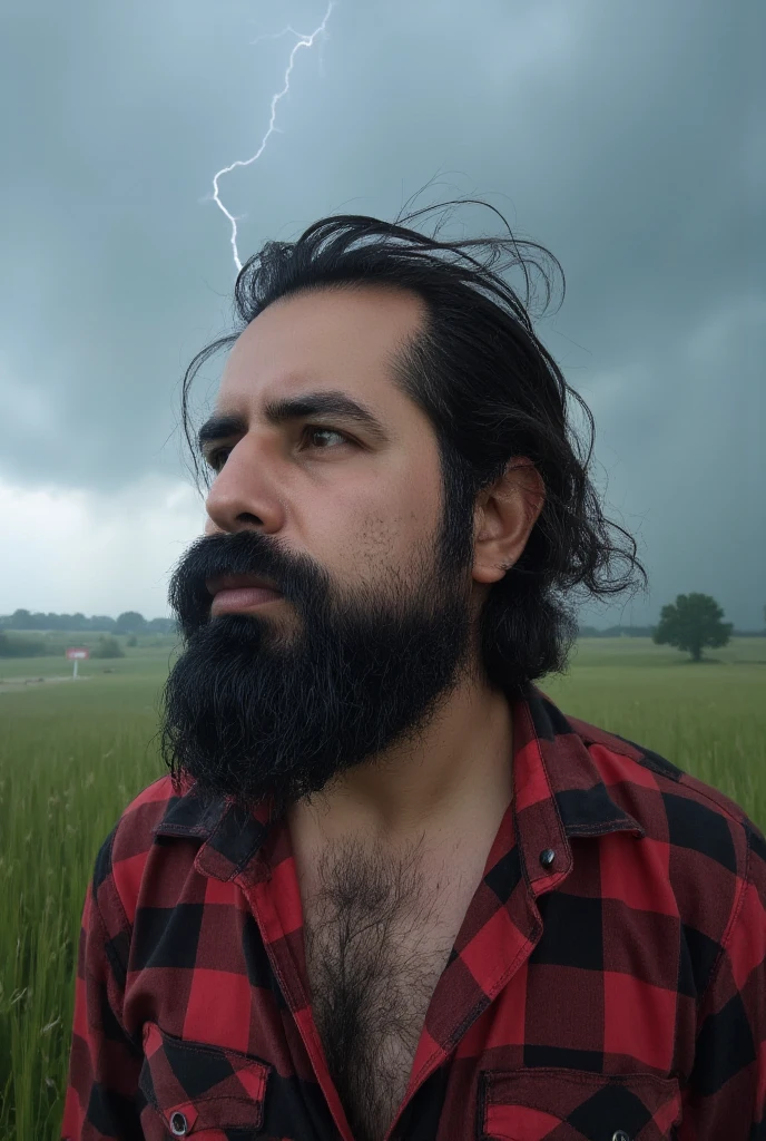  Portrait of an adult man with well-groomed dark beard and long, loose hair ,  completely hit by hurricane winds .  His red and black checkered shirt ,  with the first buttons open ,  is violently shaken by the wind ,  waving strongly to the side and showing dramatic folds in the fabric .  Part of the shirt adheres to the torso due to the torrential rain ,  revealing details of his muscles and body hair .  The scene takes place in an open field during an extremely intense electrical storm:  dark skies and dense clouds ,  as lightning shines brightly The background ,  is chaotic, creating dramatic flashes of light that highlight its silhouette .  The tall grass is blown by the wind in all directions ,  and raindrops hit his skin and float in the air , pushed by the storm . The man,  with a defiant and firm expression , Look at the horizon,  facing The power of nature with determination .  hyperrealistic style ,  with dynamic and precise details in the wet and messy hair ,  the fabric of the shirt that flutters violently ,  the drops of water and the effects of extreme wind .