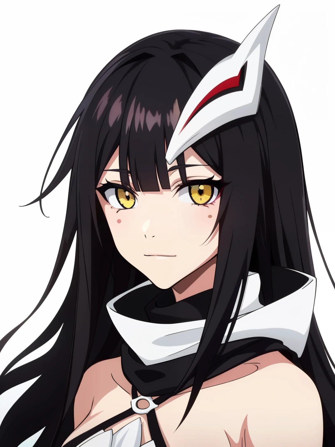 (high-quality, breathtaking),(expressive eyes, perfect face) 1girl, female, solo, adult age, Symmetrical Eyes, simple grey gradient background, long hair, shag hair, portrait, looking at viewer, black cape, scarf, white bone armor, detached collar, hollow mask, espada, golden yellow eye color, hollowfication, ichigo hollow mask inspiration, fox mask, black hair color, pink highlights,
