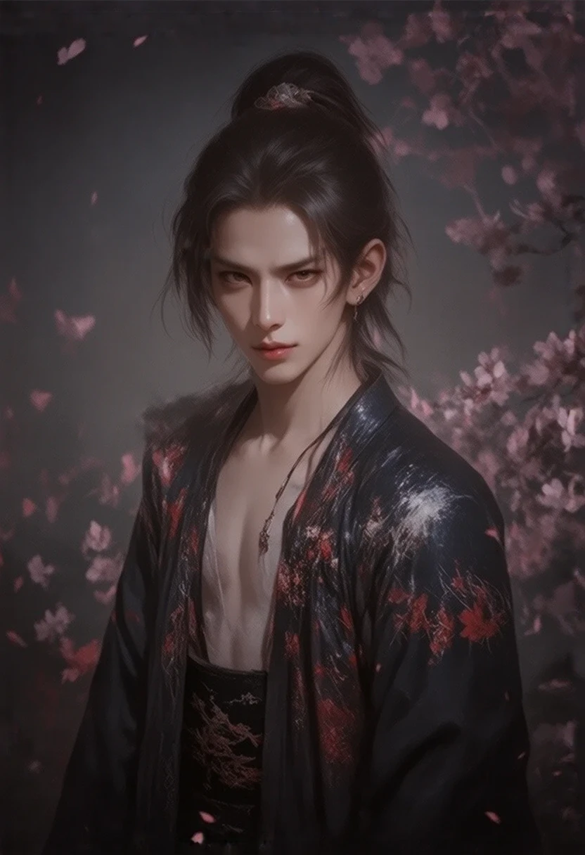 There is always a real painting of a man in a red gold antique Chinese dress.,Very handsome, barefoot, very long hair, wearing very few pieces, showing off a tattoo on his back, looking like a 20-year-old Asian idol.,Bright oil paint , Bare-chested, Inspired by Tsukioka Yoshitoshi ,  Illustrated by Shigenori Soejima ,  in the style of Ukiyo art - a ,  OnMiyoji Portrait ,  inspired by Yoshitoshi Abe ,  anime, artnuvo ,  Korean nuvo art anime ,  Senkoku period art style , Chikishi, the background is a flower garden 