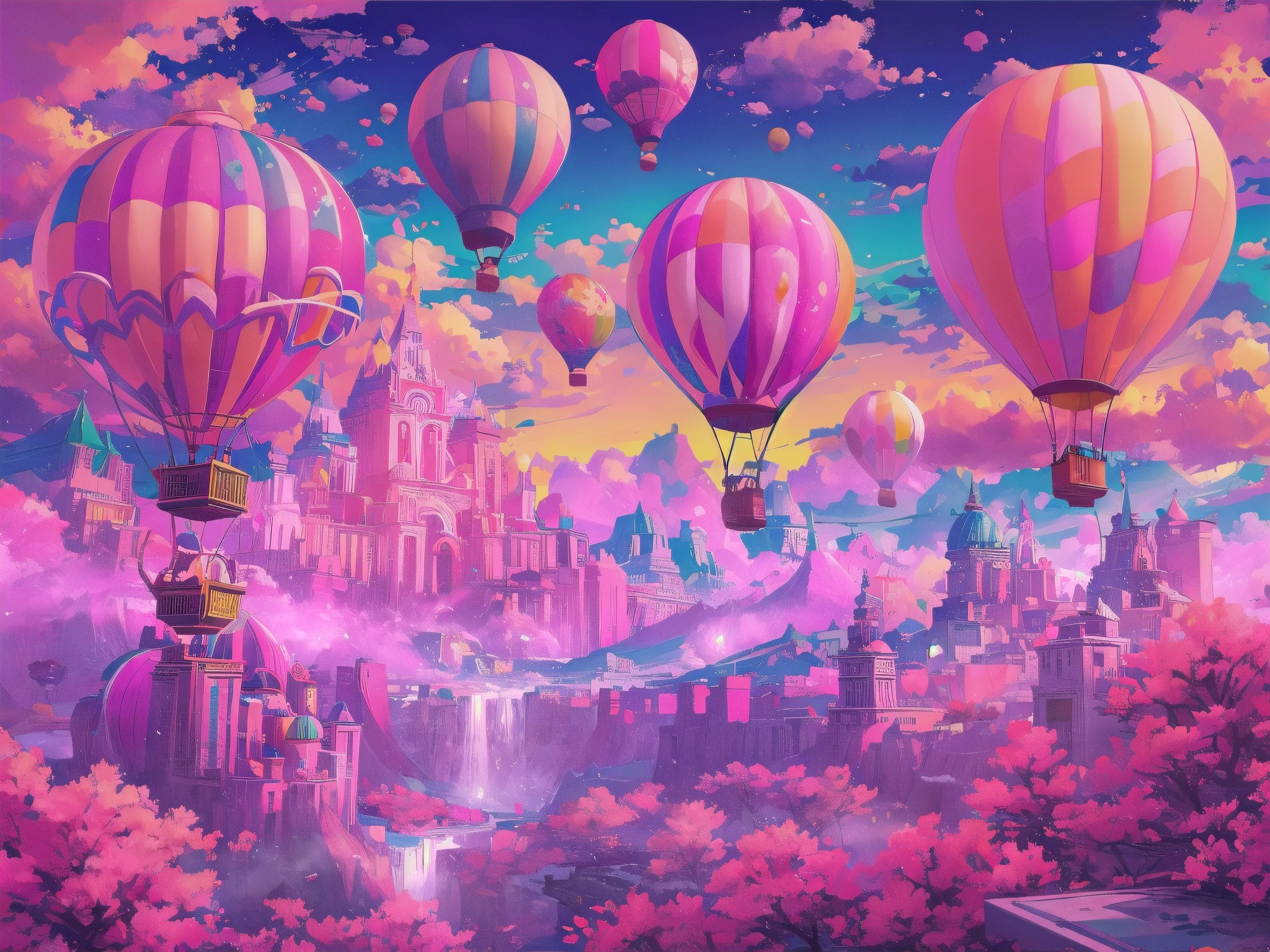 Generate a vibrant vaporwave scene with rich fantasy elements and hot air balloons. Include bold hues, watercolor clouds, and a dreamy background. The hot air balloon is important and should be detailed and pretty. 