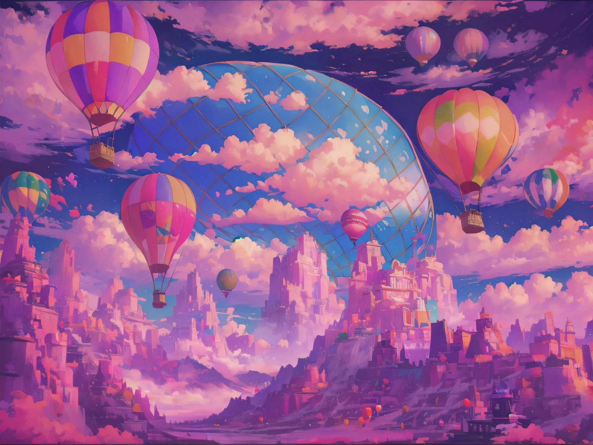 Generate a vibrant vaporwave scene with rich fantasy elements and hot air balloons. Include bold hues, watercolor clouds, and a dreamy background. The hot air balloon is important and should be detailed and pretty. 