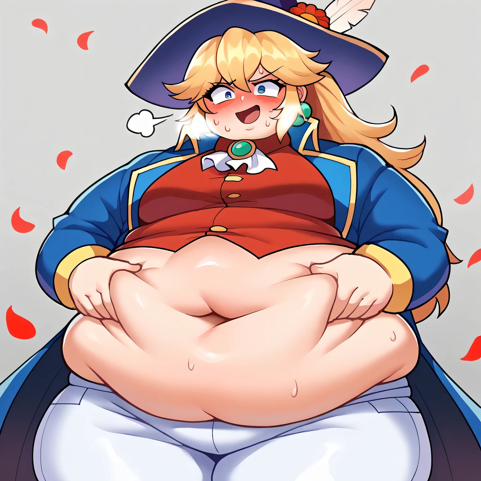 score_7_up, BREAK 1girl, solo,  IncrsPchSwordfighter, long hair, ponytail, hat feather, ascot, white pants, hat flower, long sleeves, petals, red flower, red shirt, blue jacket, feathers, blue coat, coat, blue headwear, brooch, jewelry, earrings, smirk bulging belly, fat, chubby, obese, open mouth, out of breath, absurdres, highres icon, rating:General, confused, blush, {flustered}, nervous sweating, portrait, pov hands, hand on another's belly, averting eyes, [looking away], straight-on, from below, swollen face, masterpiece, best quality, ultra-detailed, high resolution, 8K, 