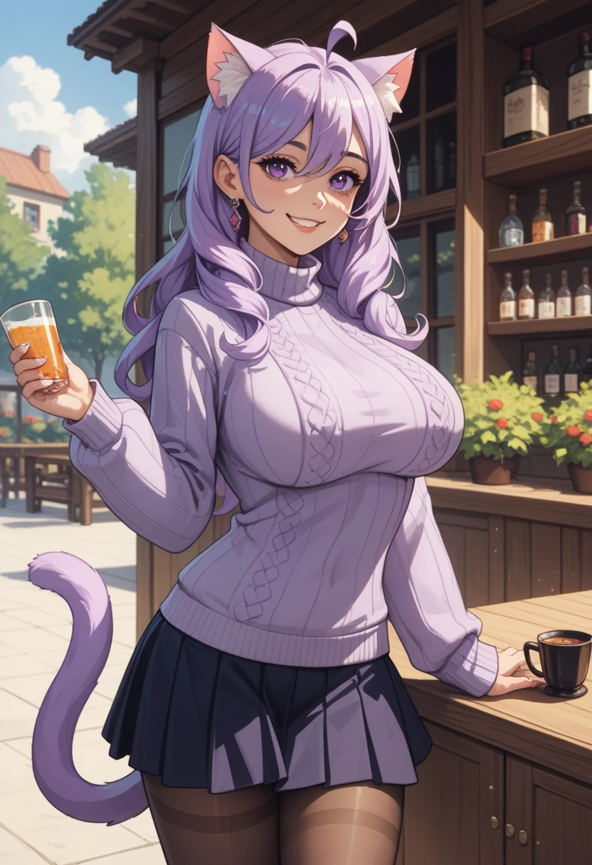  masterpiece ,  best quality , 1 , (( looking at the spectator)),  lilac hair, purple eyes,  long hair ,  ahoge, sweater, sweater skirt, pantyhose, 163cm,  hair between the eyes,  Big breasts , adult, 33 years old, maduro, cups, Alone, single, to smile,  cat ears, cat tail, taken, catgirl,  animal ears