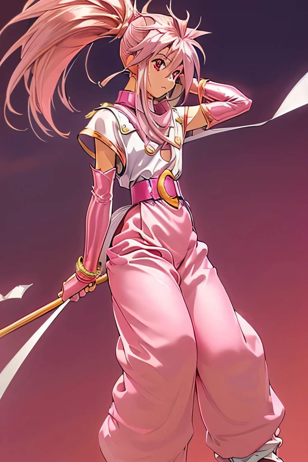  top quality, highest resolution,(((metallic white clothes 　pink loose-fitting pants with metallic luster　shiny pink hair　 red eyes　 ponytail)))　 Tales of Phantasia　Arche 　broom