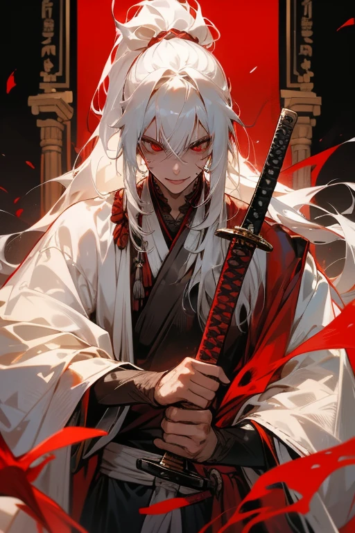 pale skin, male, long white hair, crazy bloody smile, red eyes, white kimono in blood, blade of bones from hand