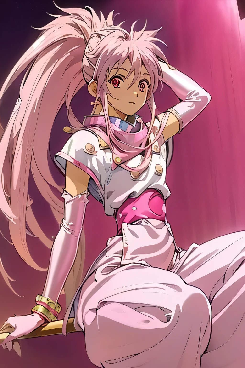  top quality, highest resolution,(((metallic white clothes 　pink loose-fitting pants with metallic luster　shiny pink hair　 red eyes　 ponytail)))　 Tales of Phantasia　Arche 　Fly through the air while straddling a broom