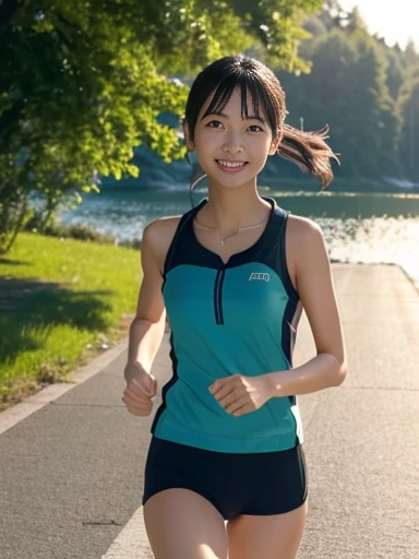 1girl, solo, (masterpiece;1.3, best quality, 8K wallpaper, photorealistic: 1.2, sharp focus, looking for viewer, hi-res, raw), very cute Japan woman 20 years old, (very detailed face: 1.2), detailed hands, cute, slender figure: 1.1, medium bust, running, smile, shiny skin, Black hair, beautiful big eyes, short hair, sweating a lot, wet, white short dress, black running shorts, running shoes, watch, trail running, running on a steep mountain road, brown hair bandana tied in front, balanced body, hair intakes
