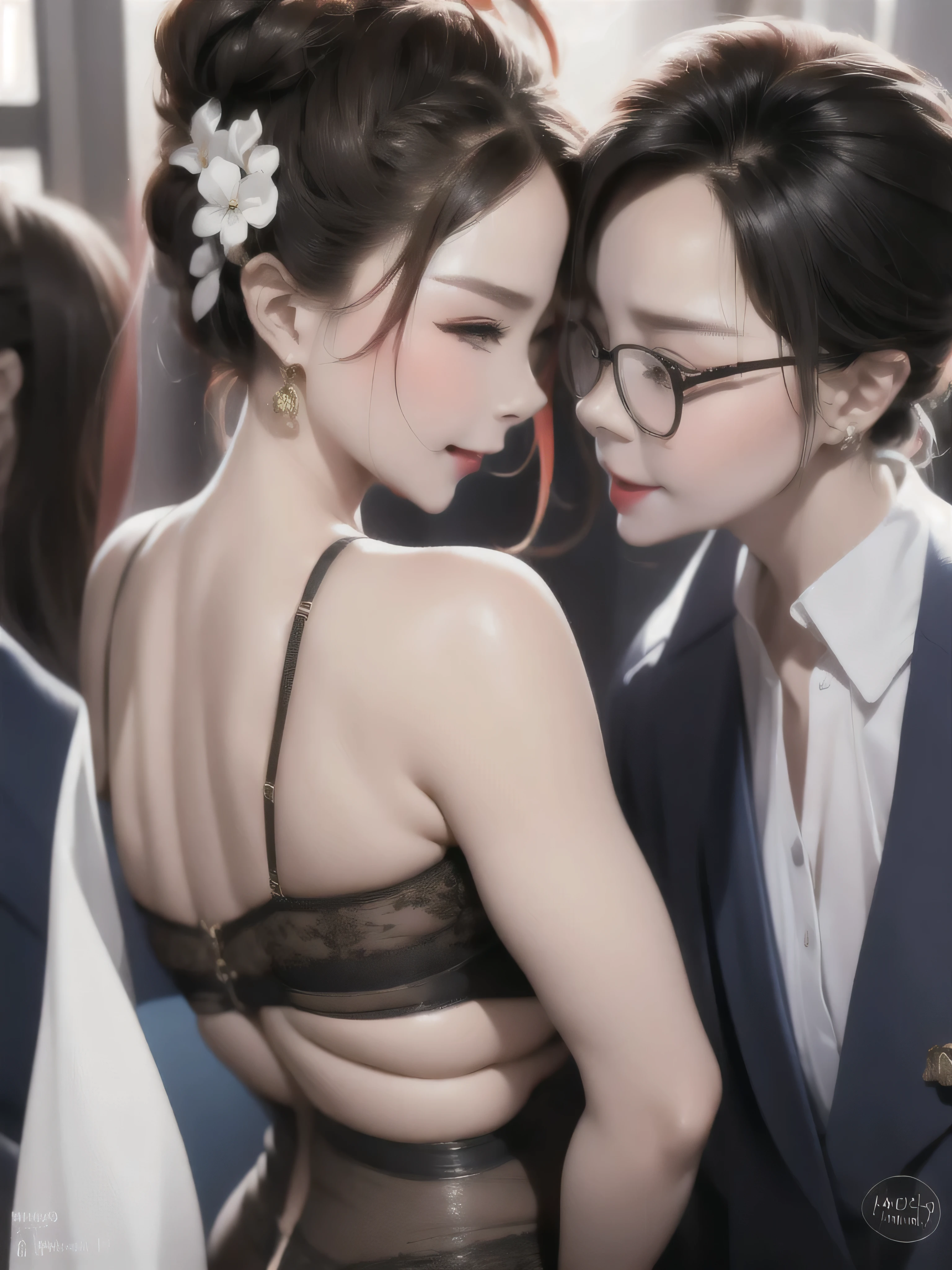 ((masterpiece)),(((highest quality))),((Reference Sheet, Character Design, in front, looking at the viewer , girl with glasses~ ~ side, Mr..々Hairstyle, Mr..々Performance, Facial Expressions)), 30-year-old girl have sex, Cute type, (curvy:1.4), (normal ass:1.4), Realistic buttocks, Big Breasts, big , thick thighs, Long legs, It's not a big deal, ((High quality fabric, nude, no panties, topless, stockings)), ((kiss a man:1.0)) ((girl having sex)) girl and man