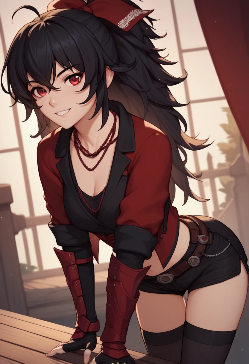 source_anime, lora:raven-branwen-ponyxl-lora-nochekaiser:1 , raven branwen, long hair, black hair, slim ponytail, hair ribbon, ribbon, red eyes, ahoge, thigh-highs, black thigh-highs, fingerless gloves, armor, necklace, short shorts, black short shorts, black vest, black shirt, bent over, smile, looking at viewer, solo, cowboy shot, dutch angle