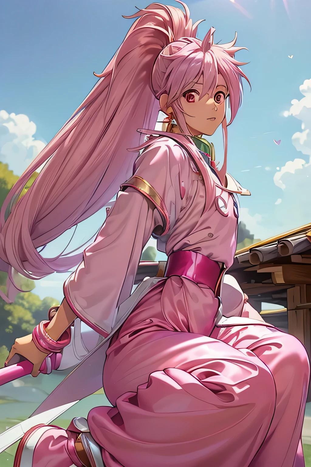  top quality, highest resolution,(((metallic white clothes 　pink loose-fitting pants with metallic luster　shiny pink hair　 red eyes　 ponytail)))　 Tales of Phantasia　Arche 　Fly through the air while straddling a broom　Sky