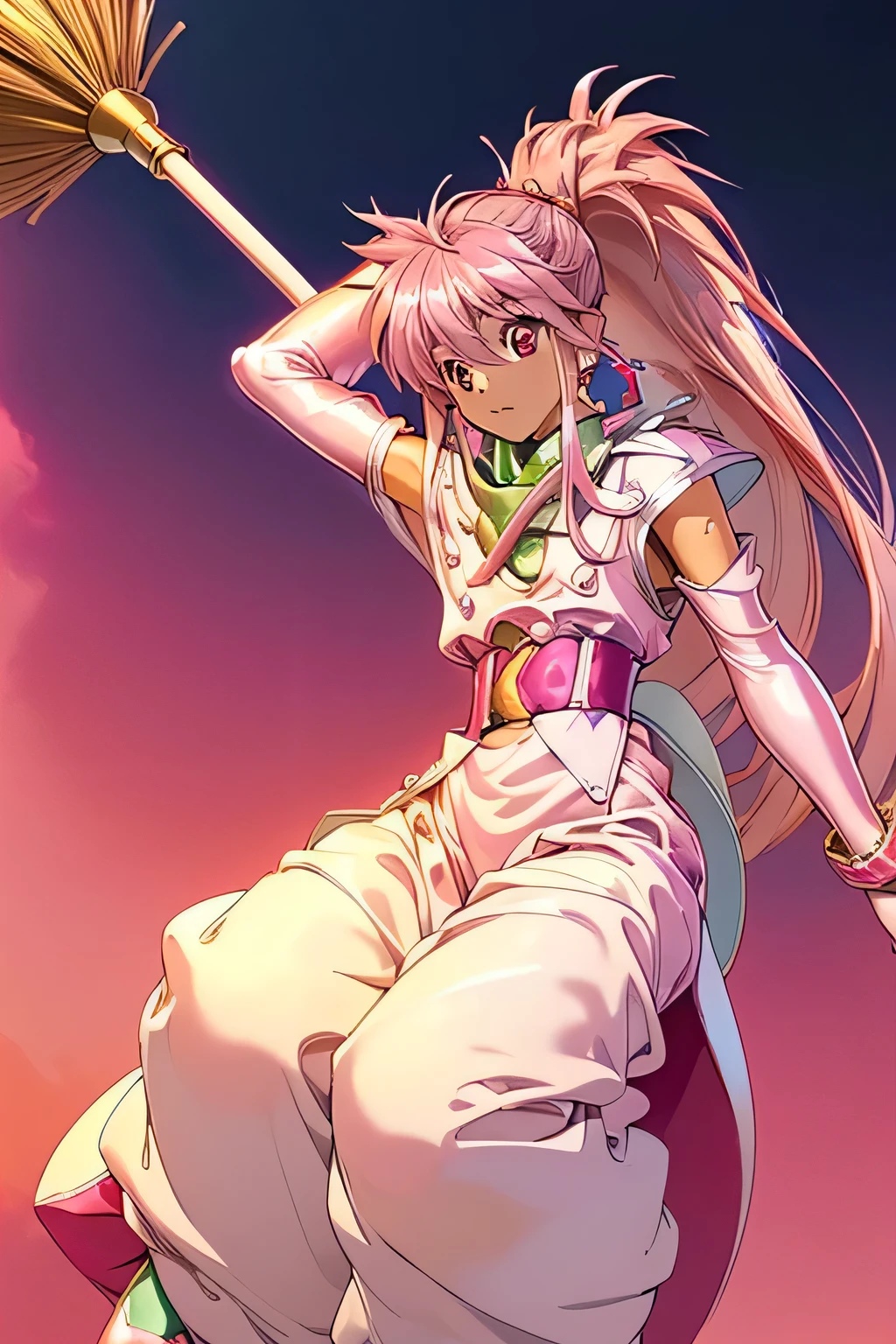  top quality, highest resolution,(((metallic white clothes 　pink loose-fitting pants with metallic luster　shiny pink hair　 red eyes　 ponytail)))　 Tales of Phantasia　Arche 　Fly through the air while straddling a broom　Sky