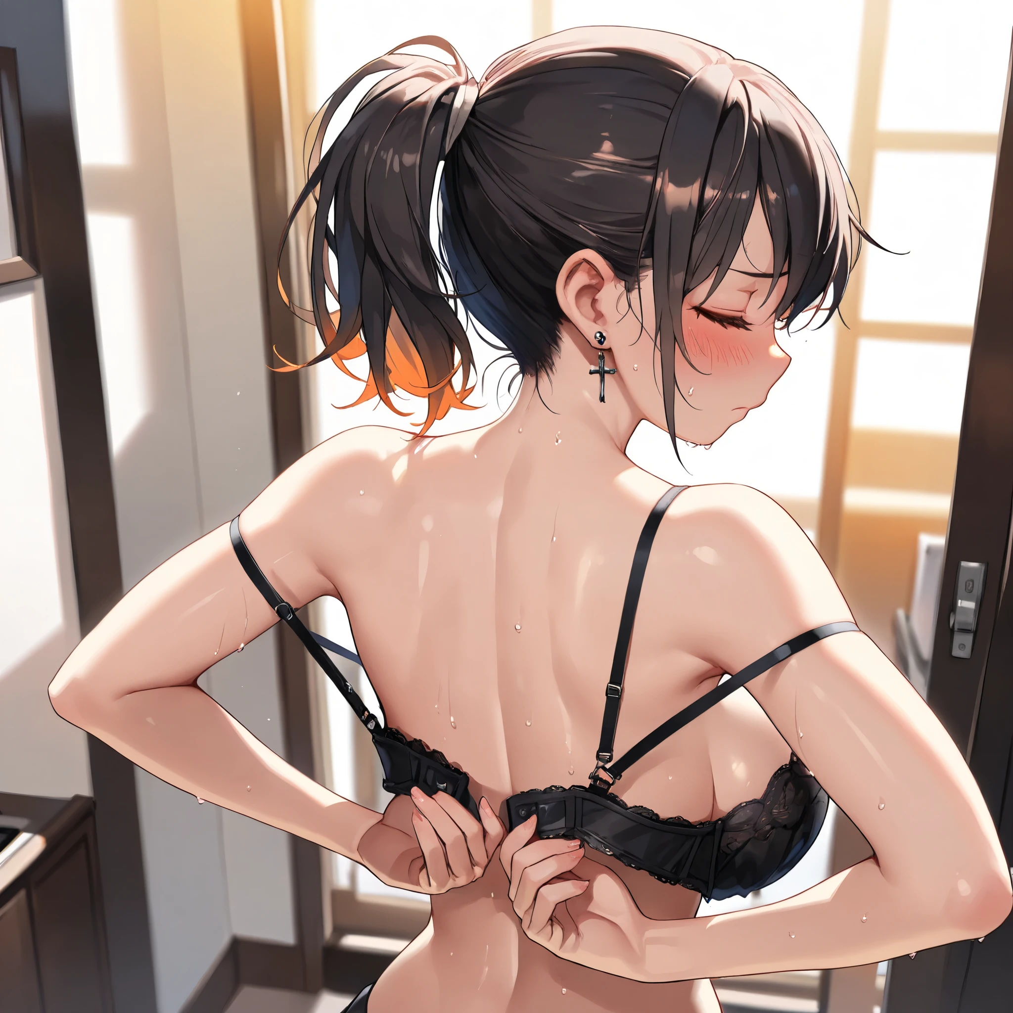 from behind, cute girl, solo, short hair, ponytail hair, Black hair with brown ends, orange eyes, large breasts, cross Pierced earrings, blush, flawless smooth skin, looking at viewer, embarrassed, closed eyes, sweat, indoors, living, undressing bra, arms behind back, bra, (best quality,4k,8k,highres,masterpiece:1.2),ultra-detailed,intricate details, high fashion, dramatic lighting, warm colors, chiaroscuro