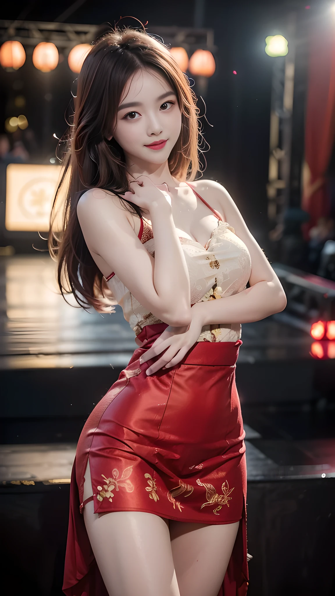 1girl, ((city in Vietnam)), ultra high resolution, (actual: 1.3)), ((random pose)), deep darkness, (best quality, masterpiece), shade, confused, blushing, high detail, depth of field, film grain, wrinkled skin, looking at viewer, dancing, warm smile, alone, ((performing on stage: 1.1)), (open thighs), sexy sheer lace    red skirt, (masterpiece, best quality: 1.5)
