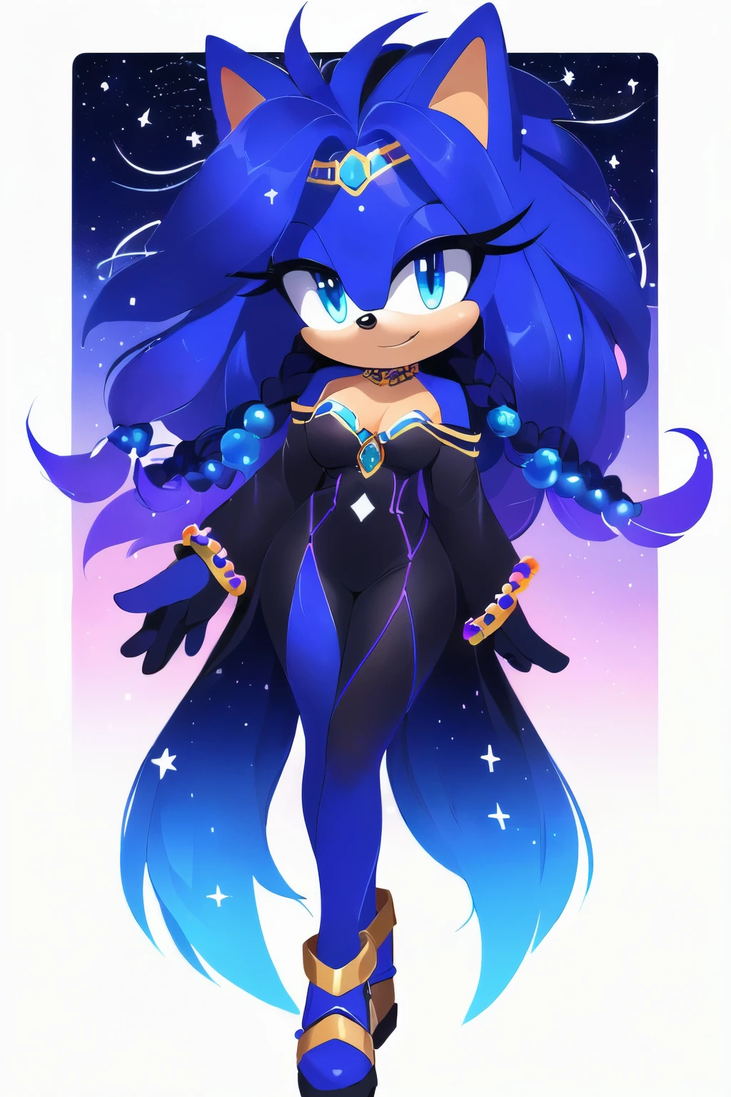 Sonic oc, Mobian, female, sonic the hedgehog but female, Cosmic hedgehog, A beautiful light blue hedgehog, purplish blue eyes, very long hair/quills, braided and beaded long hair bangs, long streaks of hair on each side of her face, (star constellation on hair, beads on hair, smooth fur, slim thick hourglass body, slim fit, wearing a baggy onesie reaching the leg, black formal shoe, beaded hair, flowing hair,