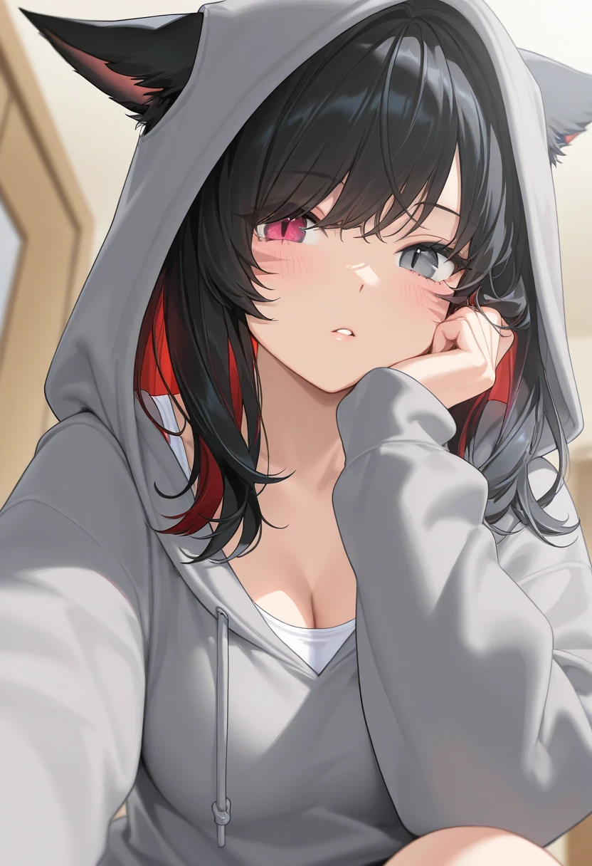 ((1girl, wolf girl, wolf girl, wolf ears, wolf tail, fluffy tail, fluffy ears, large tail, one tail, [tail attached to tailbone])), light skin, blood red eyes, black hair with red highlights, neck length hair, strong, starry eyes, stern expression, zipper hoodie sweatshirt, cargo shorts, modestly dressed, pants down to knees, beautiful, athletic, clean fingers, well-formed fingers, no extra limbs, high detail, romanticism, film lighting, ray tracing, motion rye, uhd, high detail, top quality, 8k, sitting down, safe for work, facing viewer,