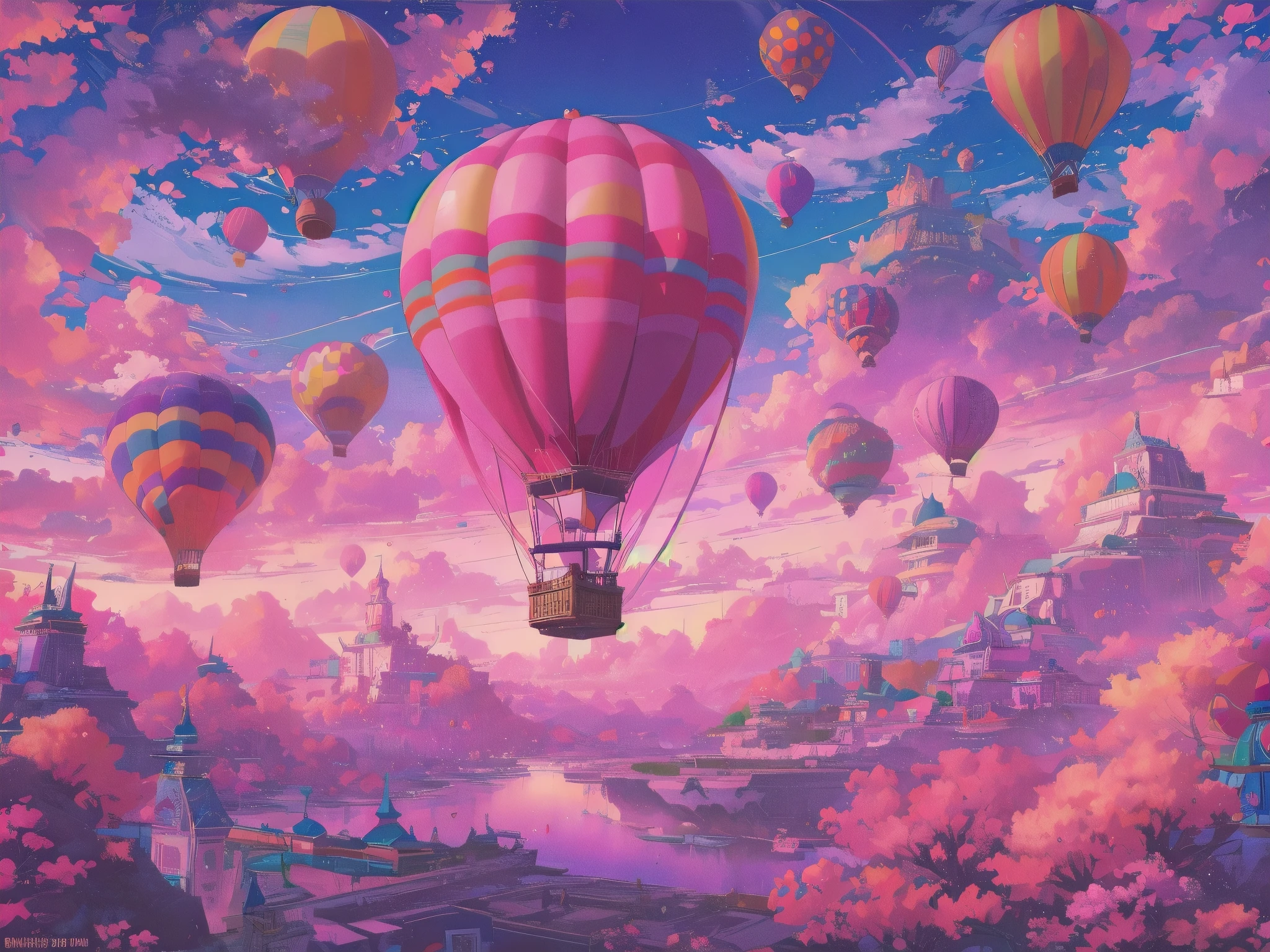 Generate a vibrant vaporwave scene with rich fantasy elements and hot air balloons. Include bold hues, watercolor clouds, and a dreamy background. The hot air balloon is important and should be detailed and pretty. 