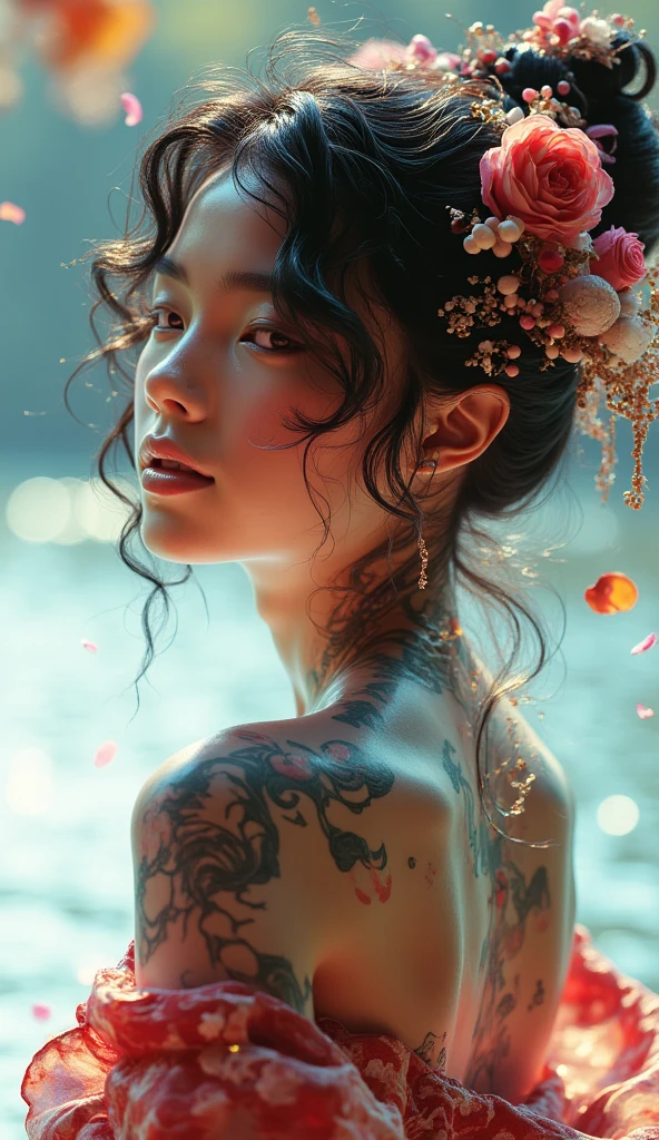 Japanese teenage art1fact girl, floral kimono, exposed shoulders, from behind, beautiful face, thick eyelashes, glossy eyes, black hair, (cute smile), dark eyeshadow, shoulders tattoos, back tattoos, floral decoration in hair, falling petals, beautifully backlit, wideshot, lake background,photo, raw,realistic