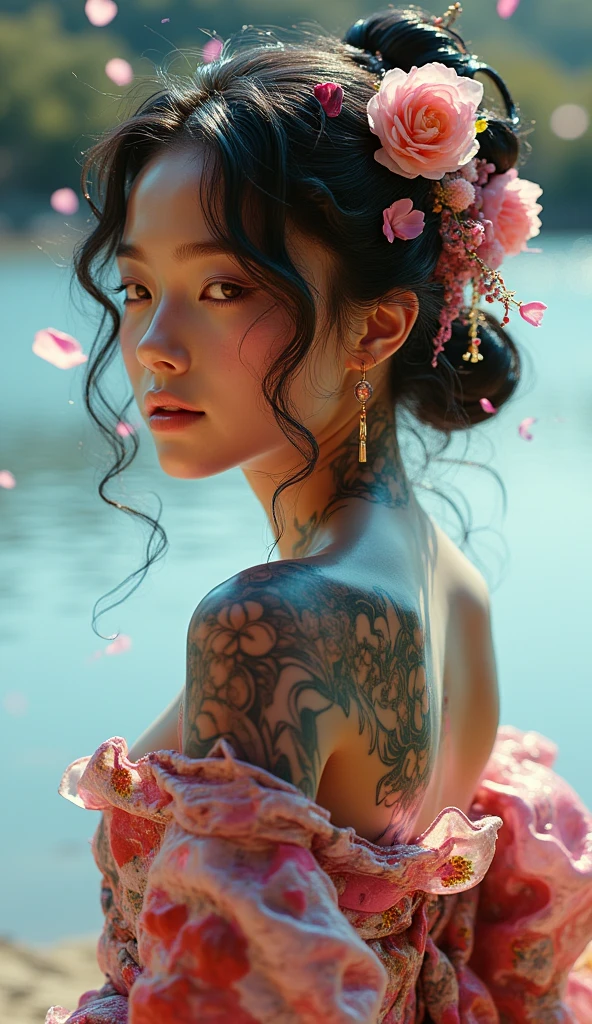 Japanese teenage art1fact girl, floral kimono, exposed shoulders, from behind, beautiful face, thick eyelashes, glossy eyes, black hair, (cute smile), dark eyeshadow, shoulders tattoos, back tattoos, floral decoration in hair, falling petals, beautifully backlit, wideshot, lake background,photo, raw,realistic