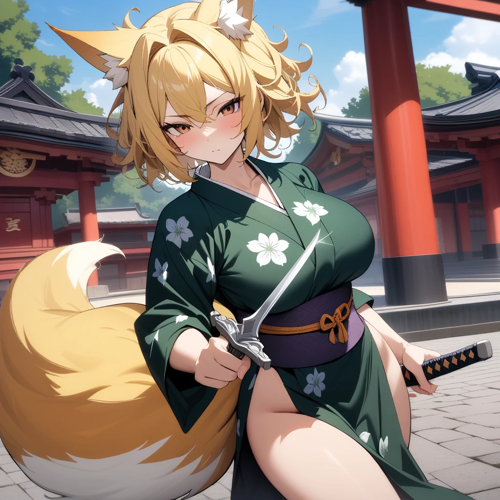 (masterpiece),(best quality),(ultra-detailed),(very aesthetic),nsfw,BREAK,solo,1girl,30 years old,curvy,large breasts,tall,stout build,(toned:0.7),bewitching,(fox tail),blonde fox ears,short hair,blonde hair,beautiful face,(brown eyes),(messy hair),disheveled hair,hair intakes,(fusion of dark green gradient flower print kimono and pelvic curtain:1.2),(loose chest:0.5),clenching teeth,furious,serious,sentimental emotion,incoming attack,assaulting,(holding a katana),swinging a katana from the top,The trajectory of the katana as it was swung down glows purple,tabi,bandaged hand,(japanese shrin,plaza),(scar on cheek,scar on breasts:1.2),cowboy shot